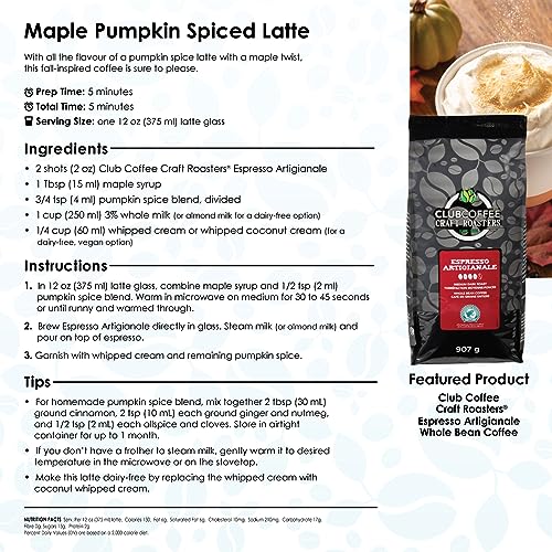 Club Coffee Craft Roasters Espresso Artigianale Whole Bean Coffee, Dark Roast, 2 lb (907g), Authentic Italian Style Beans for Rich Espresso and Creamy Latte